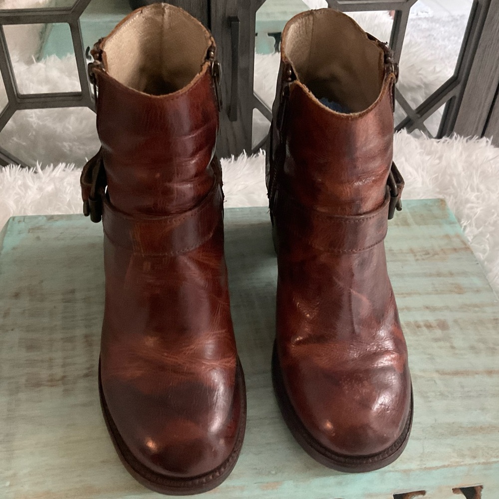 Freebird Brown Ankle Boots with zip side and buckle detail. Size 10